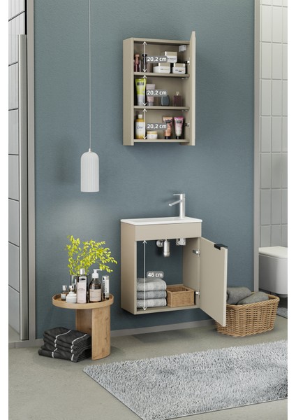 Fix Loft 50 Cm Banyo Dolabı,Seramik Lavabolu, Aynalı,Lavabo Dahil,Mdf,Latte fırsatları
