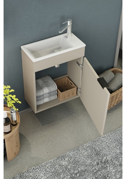 Fix Loft 50 Cm Banyo Dolabı,Seramik Lavabolu, Aynalı,Lavabo Dahil,Mdf,Latte indirimleri