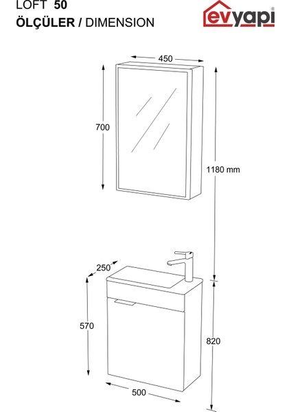 Fix Loft 50 Cm Banyo Dolabı,Seramik Lavabolu, Aynalı,Lavabo Dahil,Mdf,Latte