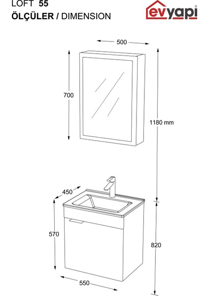 Fix Loft 55 Cm Banyo Dolabı,Seramik Lavabolu, Aynalı,Lavabo Dahil,Mdf,Aybe Kahve