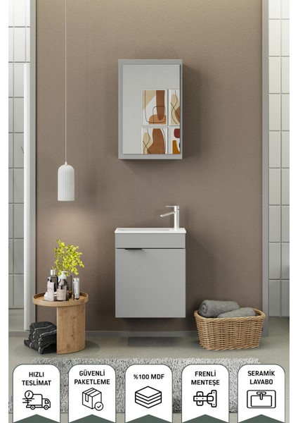 Fix Loft 50 Cm Banyo Dolabı,Seramik Lavabolu, Aynalı,Lavabo Dahil,Mdf,Mat Gri