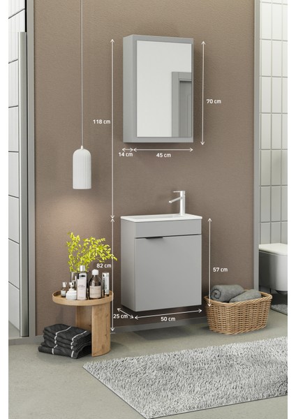 Fix Loft 50 Cm Banyo Dolabı,Seramik Lavabolu, Aynalı,Lavabo Dahil,Mdf,Mat Gri modelleri