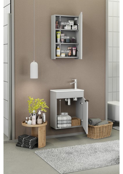 Fix Loft 50 Cm Banyo Dolabı,Seramik Lavabolu, Aynalı,Lavabo Dahil,Mdf,Mat Gri fırsatları