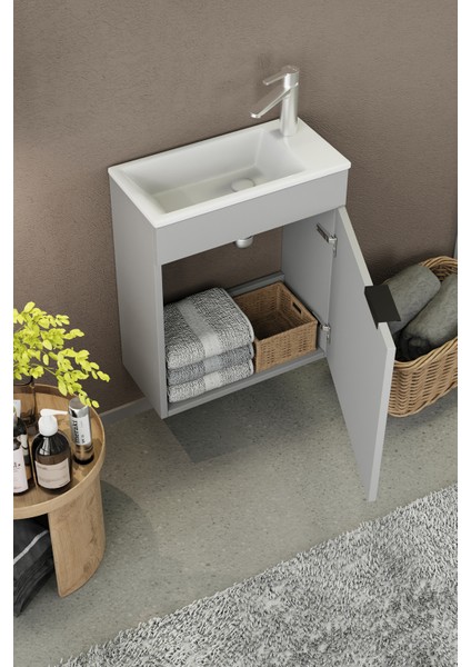 Fix Loft 50 Cm Banyo Dolabı,Seramik Lavabolu, Aynalı,Lavabo Dahil,Mdf,Mat Gri indirimleri
