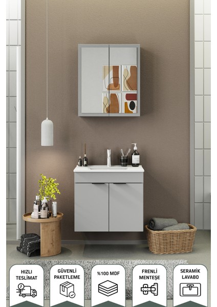Fix Loft 65 Cm Banyo Dolabı,Seramik Lavabolu, Aynalı,Lavabo Dahil,Mdf,Mat Gri