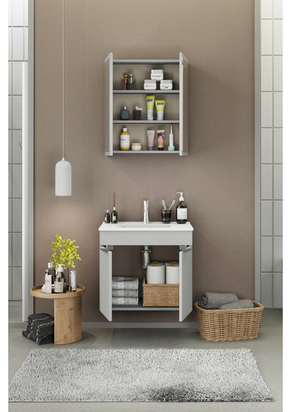 Fix Loft 65 Cm Banyo Dolabı,Seramik Lavabolu, Aynalı,Lavabo Dahil,Mdf,Mat Gri fiyatları