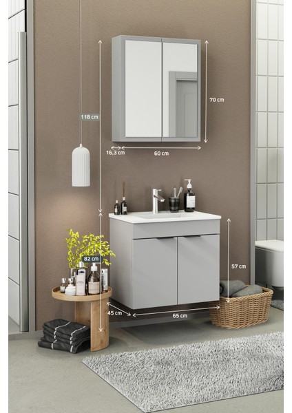 Fix Loft 65 Cm Banyo Dolabı,Seramik Lavabolu, Aynalı,Lavabo Dahil,Mdf,Mat Gri modelleri