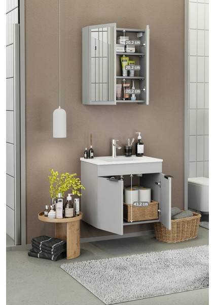 Fix Loft 65 Cm Banyo Dolabı,Seramik Lavabolu, Aynalı,Lavabo Dahil,Mdf,Mat Gri fırsatları