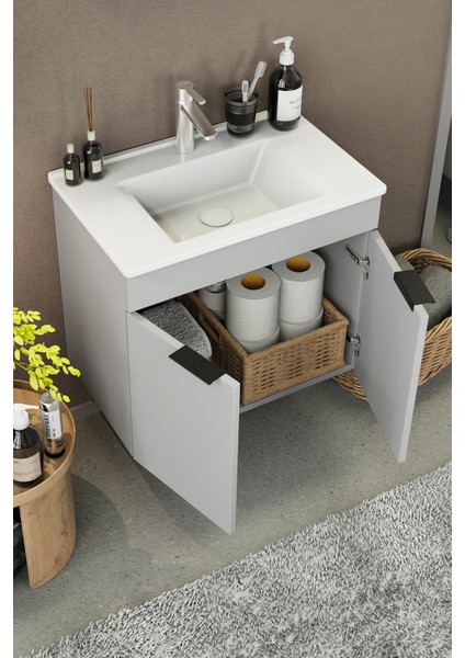 Fix Loft 65 Cm Banyo Dolabı,Seramik Lavabolu, Aynalı,Lavabo Dahil,Mdf,Mat Gri indirimleri
