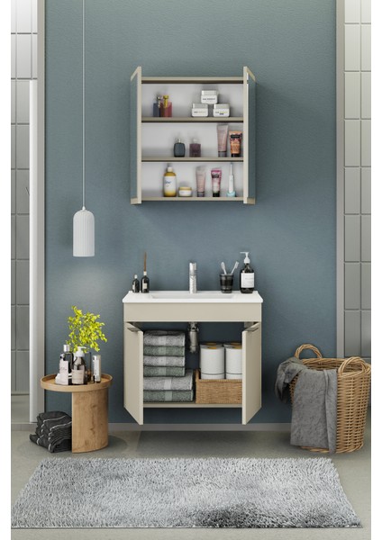 Fix Loft 85 Cm Banyo Dolabı,Seramik Lavabolu, Aynalı,Lavabo Dahil,Mdf,Latte fiyatları