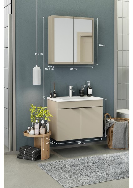 Fix Loft 85 Cm Banyo Dolabı,Seramik Lavabolu, Aynalı,Lavabo Dahil,Mdf,Latte modelleri