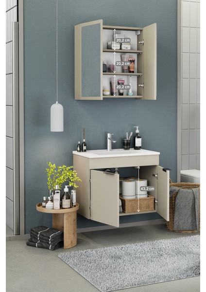 Fix Loft 85 Cm Banyo Dolabı,Seramik Lavabolu, Aynalı,Lavabo Dahil,Mdf,Latte fırsatları