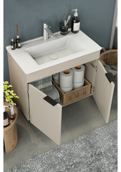 Fix Loft 85 Cm Banyo Dolabı,Seramik Lavabolu, Aynalı,Lavabo Dahil,Mdf,Latte indirimleri