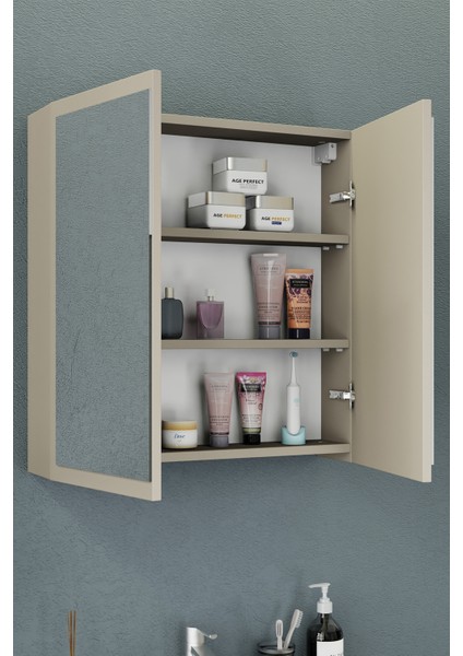 Fix Loft 85 Cm Banyo Dolabı,Seramik Lavabolu, Aynalı,Lavabo Dahil,Mdf,Latte