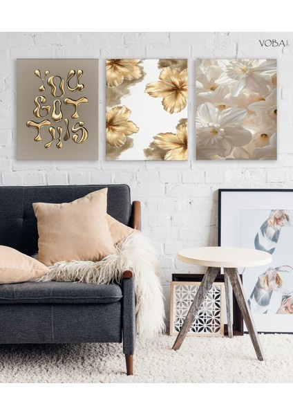 3 Parça Gold Temalı Dekoratif Mdf Tablo