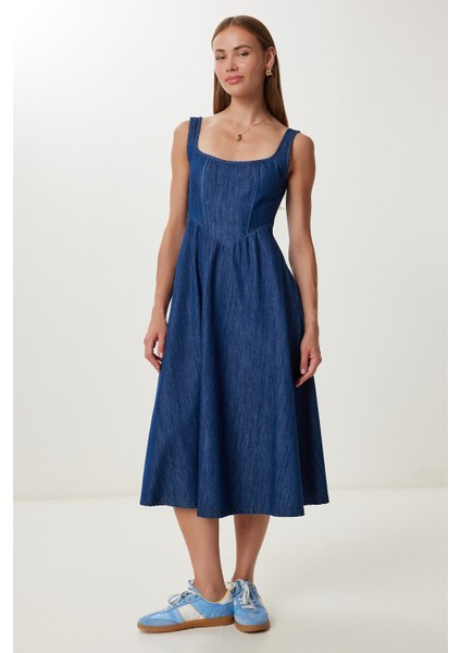Kalın Askılı Midi Denim Elbise LFG0038 Koyu Mavi