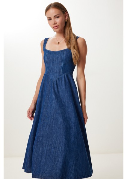 Kalın Askılı Midi Denim Elbise LFG0038 Koyu Mavi fiyatları