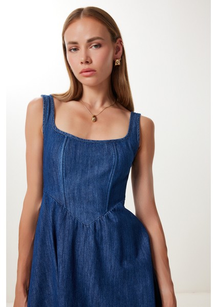 Kalın Askılı Midi Denim Elbise LFG0038 Koyu Mavi modelleri