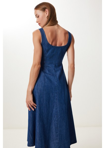 Kalın Askılı Midi Denim Elbise LFG0038 Koyu Mavi fırsatları
