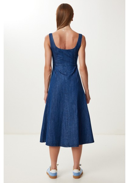 Kalın Askılı Midi Denim Elbise LFG0038 Koyu Mavi indirimleri