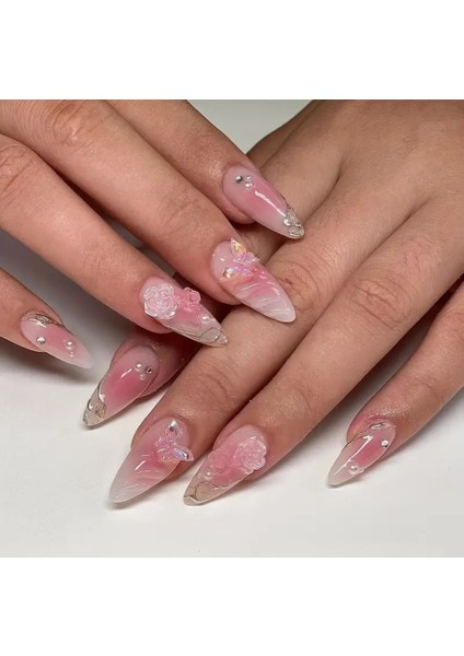 24'lü Jel Görünümlü Protez Gül ve Kelebek Charmlı Soft Pembe Uzun Badem Model Takma Tırnak