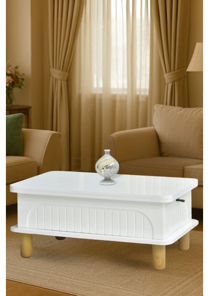 Lidya Akıllı Sehpa Beyaz Renkli Açılır Kapanır 4 Fonksiyonlu Mebran Tasarım 90x60 Cm