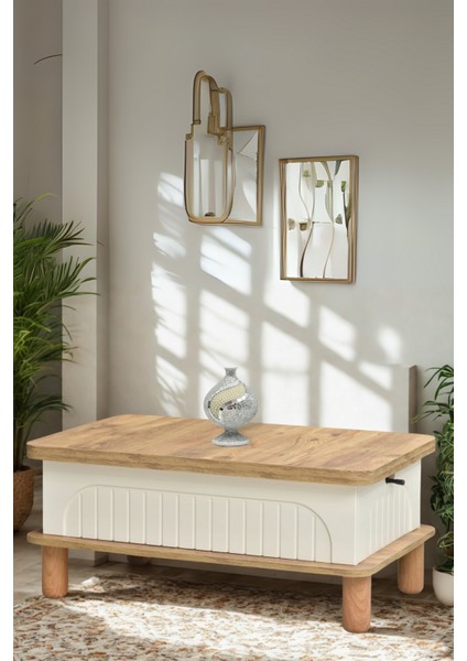 Lidya Akıllı Sehpa Atlantik Çam Krem 4 Fonksiyonlu Açılır Mekanizmalı 90x39x60 Cm