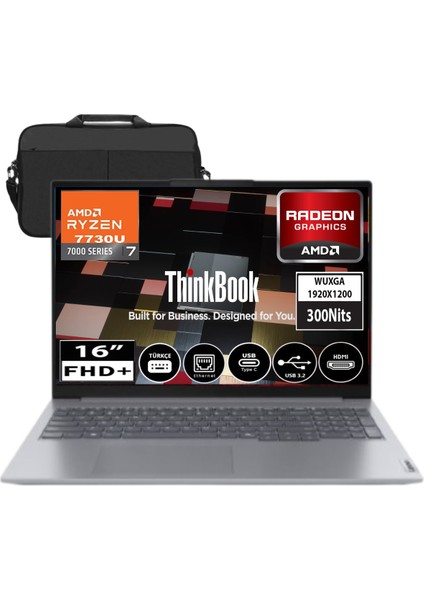 Thinkbook 16 G7 Arp Amd Ryzen 7 7735HS 40GB Ddr5 1tb SSD Radeon 680M 16" Wuxga 300NITS IPS Freedos Taşınabilir Bilgisayar 21MW002CTR09 &çanta