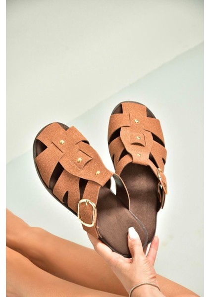 U458334202 Taba Süet Önü Kapalı Kadın Terlik