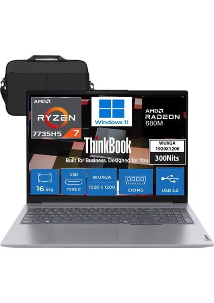 Thinkbook 16 G7 Arp Amd Ryzen 7 7735HS 64GB Ddr5 512GB SSD Radeon 680M 16" Wuxga 300NITS IPS Windows 11 Taşınabilir Bilgisayar 21MW002CTR5 &çanta