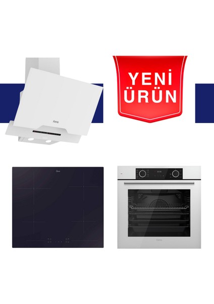 & Hoover Fryart Serisi Sessiz Davlumbaz Glow Beyaz Ankastre Set (D064-SA + HH64CCB + XE63CB)