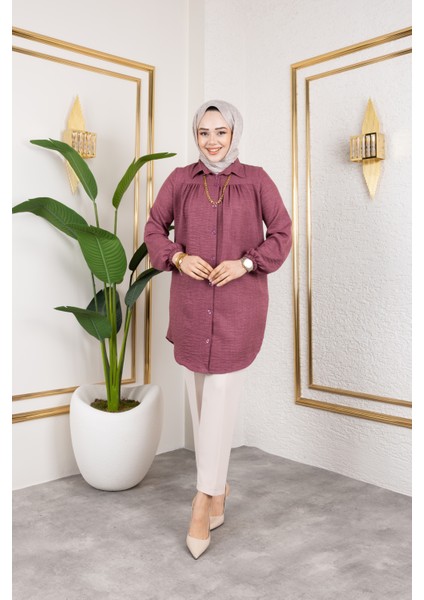 Önü Büzgülü Bilek Lastikli Tunik - Gül Kurusu / Ü104