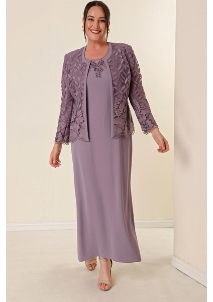 Boncuk Işlemeli Güpürlü Astarlı Elbise Ceket Büyük Beden 2'li Takım Lila