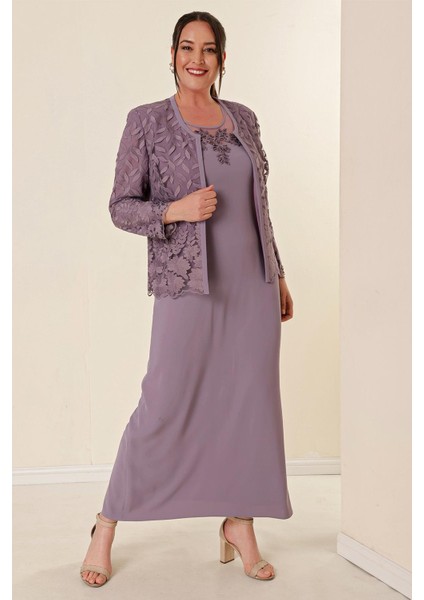 Boncuk Işlemeli Güpürlü Astarlı Elbise Ceket Büyük Beden 2'li Takım Lila fiyatları