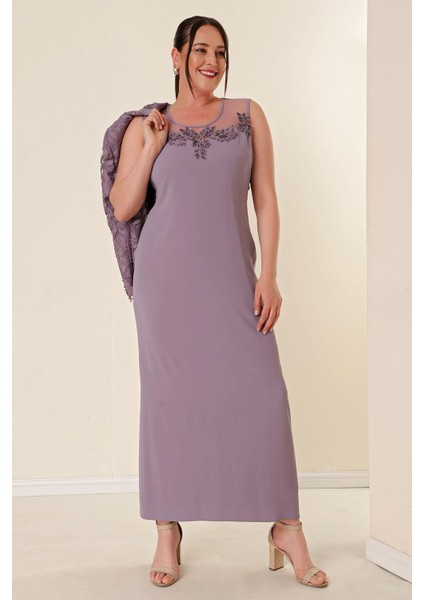 Boncuk Işlemeli Güpürlü Astarlı Elbise Ceket Büyük Beden 2'li Takım Lila modelleri