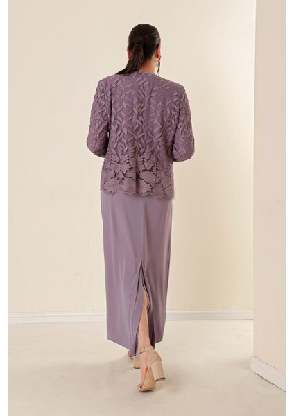Boncuk Işlemeli Güpürlü Astarlı Elbise Ceket Büyük Beden 2'li Takım Lila fırsatları