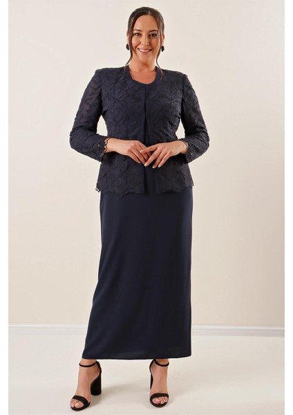 Boncuk Işlemeli Güpürlü Astarlı Elbise Ceket Büyük Beden 2'li Takım Lacivert