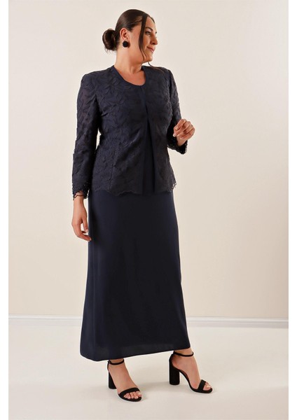 Boncuk Işlemeli Güpürlü Astarlı Elbise Ceket Büyük Beden 2'li Takım Lacivert fiyatları