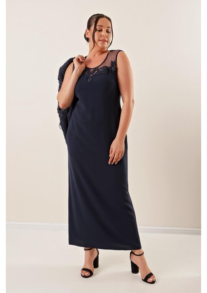 Boncuk Işlemeli Güpürlü Astarlı Elbise Ceket Büyük Beden 2'li Takım Lacivert modelleri