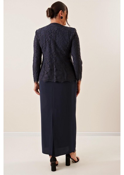 Boncuk Işlemeli Güpürlü Astarlı Elbise Ceket Büyük Beden 2'li Takım Lacivert fırsatları