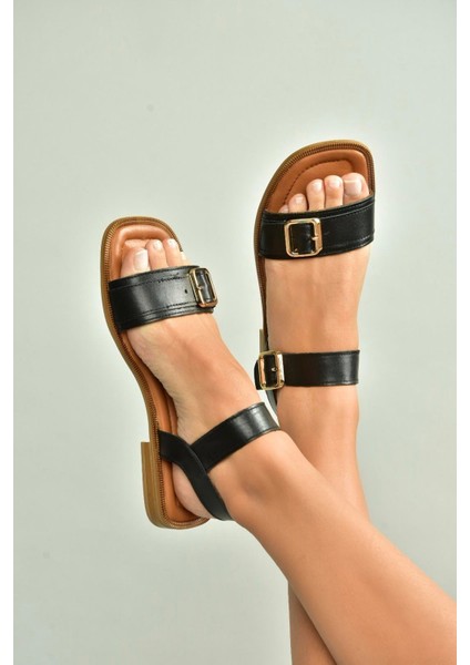 U944834003 Siyah Hakiki Deri Kadın Sandalet