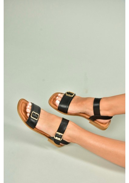 U944834003 Siyah Hakiki Deri Kadın Sandalet modelleri