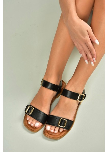 U944834003 Siyah Hakiki Deri Kadın Sandalet fırsatları