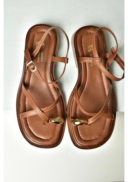 U267763509 Taba Alçak Topuklu Gold Yüzük Detaylı Kadın Sandalet fırsatları