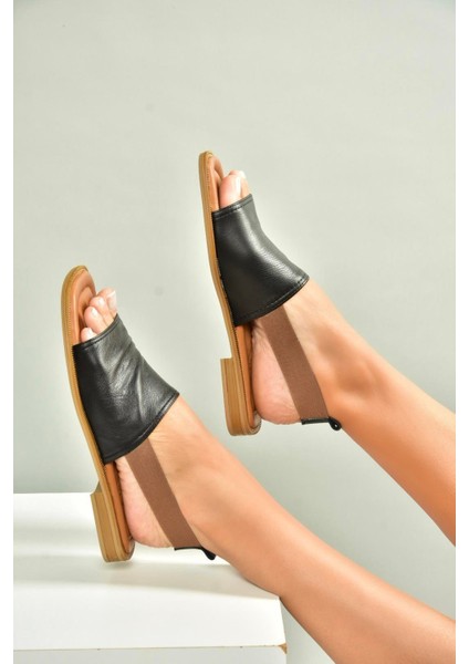 U944704203 Siyah Hakiki Deri Kadın Sandalet