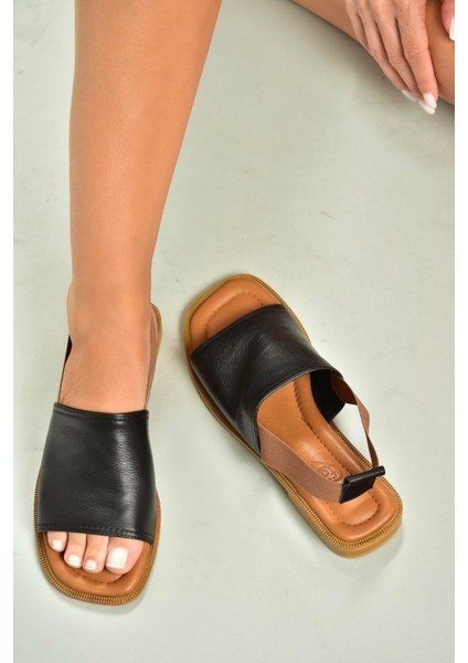 U944704203 Siyah Hakiki Deri Kadın Sandalet modelleri