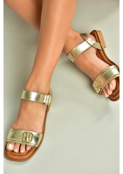 U944834003 Altın Hakiki Deri Kadın Sandalet modelleri