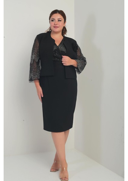Kadın Kruvaze Yaka Beli Drapeli Elbise Kolları Tül Ceket Astarlı Pul Detaylı Büyük Beden 2'li Takım fiyatları