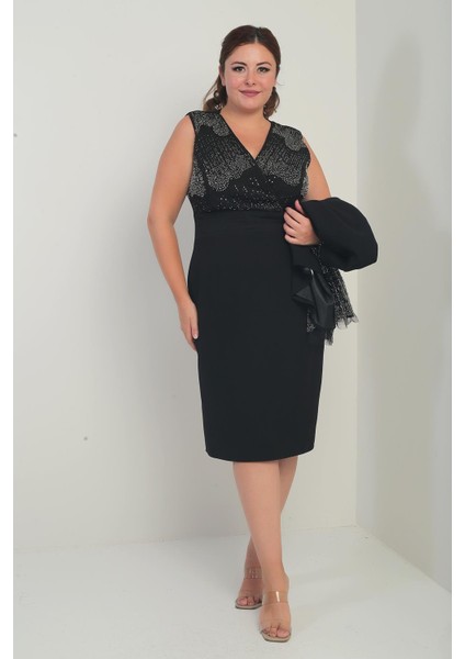 Kadın Kruvaze Yaka Beli Drapeli Elbise Kolları Tül Ceket Astarlı Pul Detaylı Büyük Beden 2'li Takım modelleri