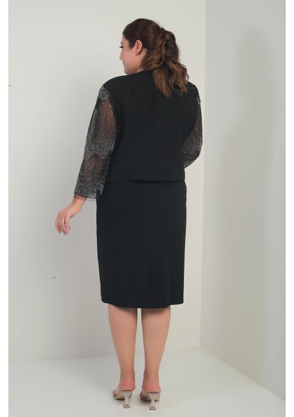 Kadın Kruvaze Yaka Beli Drapeli Elbise Kolları Tül Ceket Astarlı Pul Detaylı Büyük Beden 2'li Takım fırsatları